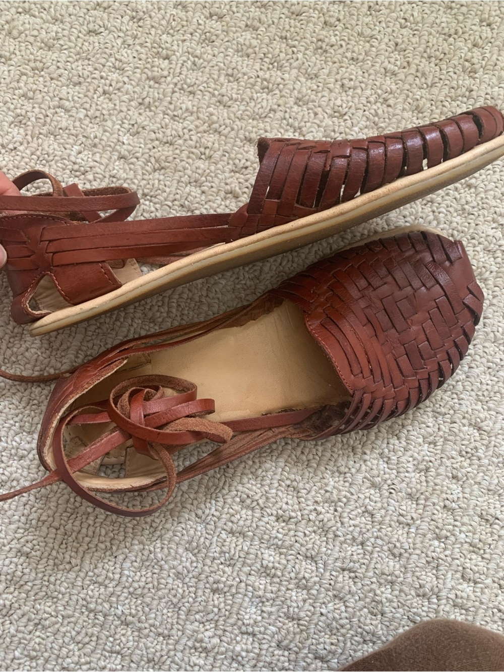 Woven Leather Ankle-Tie Huarache Sandals in Brown